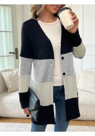 Kadın Uzun Kollu Çok Renkli Önden Düğmeli Uzun Ceket Siyah