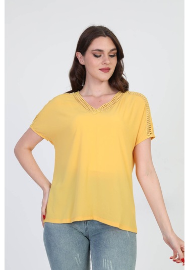 Ella Camelia Kadın Dantel Detaylı Bluz 5010027 Sarı