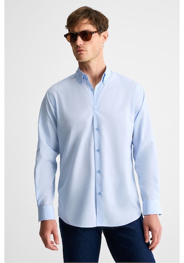 Rısto Erkek Düğmeli Yıkama Sonrası Ütü Ihtiyacını En Aza Indiren Kumaş Manşetli Mavi Gömlek
