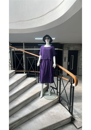 İtalyan Müslin Keteni Üstü File Bluzlu Astarlı Tek Parça Elbise-9256 Mor