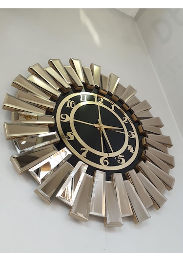 Ayna Denizi Güneş Twins Bronze Black Model Altın Siyah Renk 70 cm Dekoratif Aynalı Duvar Saati Altın - Siyah