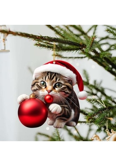 Canlı Renk Süper Sevimli Araba Kedi Santa Charm Akrilik Şapka Yavru Noel Ağacı Asılı Dekorasyon H