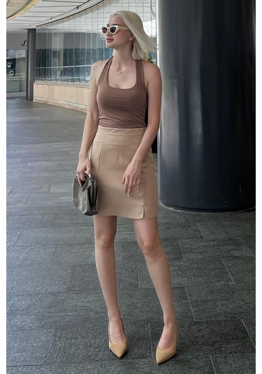 Madmext Bej Yüksek Bel Önden Yırtmaçlı Kısa Etek Mg2086 Bej