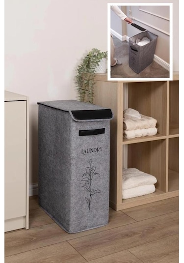 Flosoft Deri Detaylı Kapaklı Keçe Çamaşır Sepeti, Çok Amaçlı Çamaşır Oyuncak Saklama Kutusu Gri