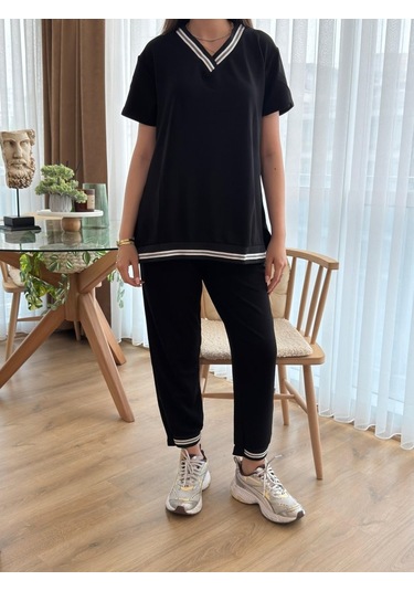 Ahes Shopping Kadın Kısa Kollu V Yakalı Iki Iplik Bluz Ve Pantolon Ikili Takım Siyah