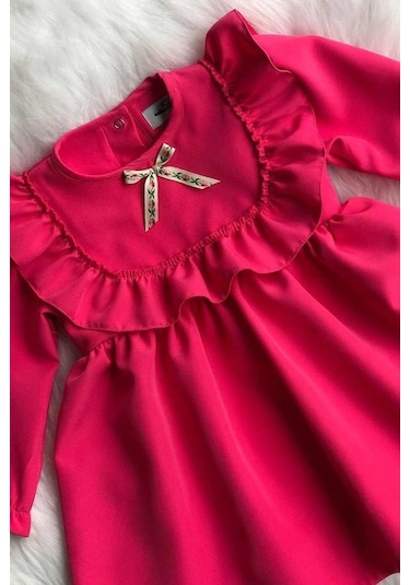 Fırfır Ve Kurdele Detaylı Tasarım Şeker Pembe Kız Çocuk Bebek Elbise 001