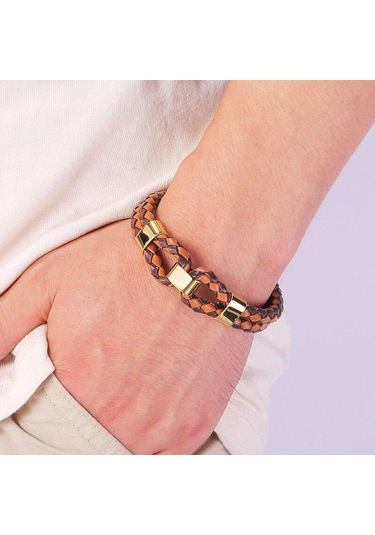 Örme Deri İp Erkek Takı Moda Paslanmaz Çelik Erkek Deri Bileklik Çift Katmanlı Tasarım Çok Renkli Kombinasyon Takı Turuncu