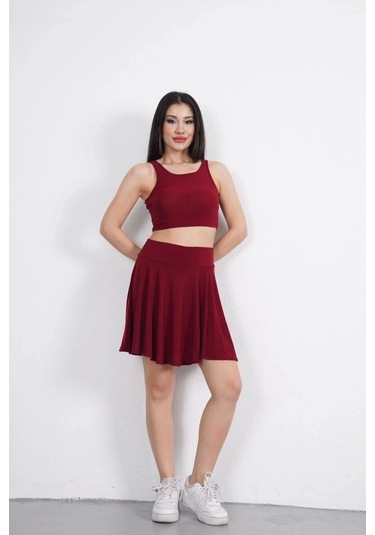 Sendy Kumaş Bisiklet Yaka Crop Şortlu Etek İkili Takım - Bordo Bordo