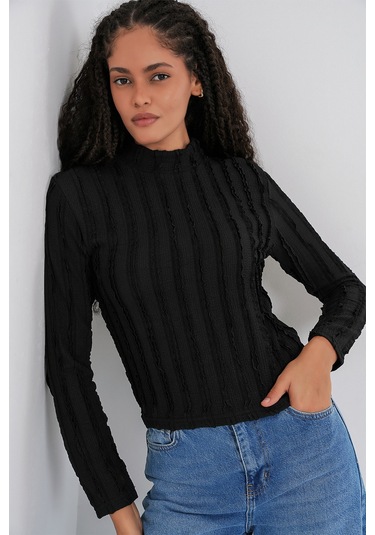 Kadın Dokulu Esnek Örme Bluz 975 - Siyah Siyah