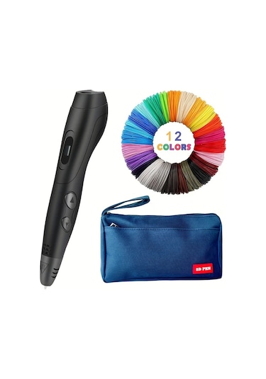 Xuweiwei 06a Plus 3d Yazıcı Kalemi Siyah 12 Renk Pla Filament 2377 Cm Taşınabilir Çanta Yanmaz Kapak Çizim Defteri Şeffaf Pano Usb Kablosu Mavi Çanta