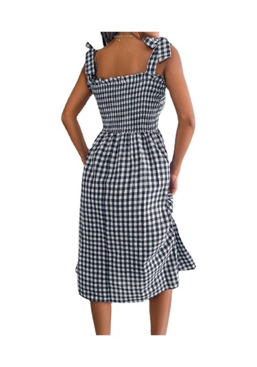 Gmxıa İlkbahar Yaz Rahat Bağcıklı Renk Kontrast Ekose Orta Boy Elbise Kadınlar İçin Mavi