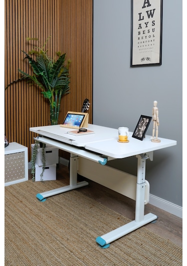 Vega Simple Ayarlanabilir Beyaz Çalışma Masası, Modern Yükseklik Ayarlı Bilgisayar Ve Ofis Masası Mavi