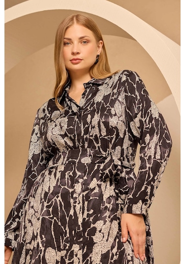 Galaxi Kadın Büyük Beden Desenli Cep Detaylı Elbise 4015 Siyah Siyah