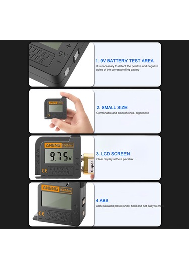 Kangvka Dijital Pil Test Cihazı, Hızlı Pil Gücü Tespiti, Lcd Ekranlı, Kolay Kullanım, 90mm Uzatılabilir, Çeşitli Pil Tiplerini Ölçer Siyah