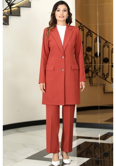 Parla Uzun Ceket Pantolon İkili Tesettür Takım Kiremit Kiremit
