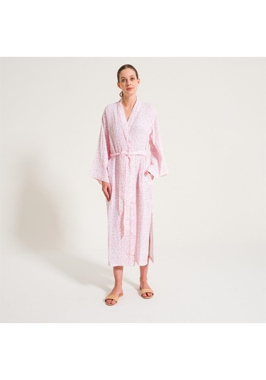 Leopar Desen Müslin Kadın Sabahlık-Açık Pembe