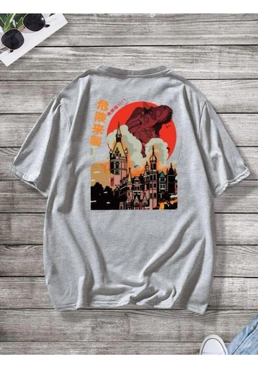 Erkek Gri Oversize Japanese Dinazor Baskılı T-shirt Gri