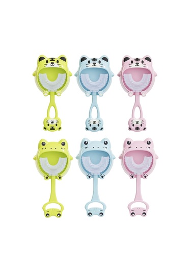 S8 2 Adet Çocuk Karikatür U-şekilli Silikon Diş Fırçası 2-12 Yaş Mavi