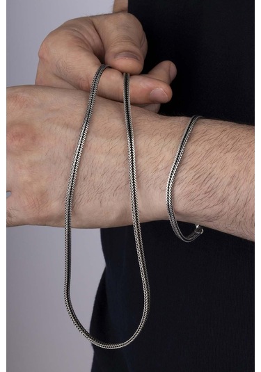 Gümüş Pazarım Tilki Kuyruğu 925 Ayar Gümüş Erkek Zincir Bileklik Kolye Kombini Çok Renkli