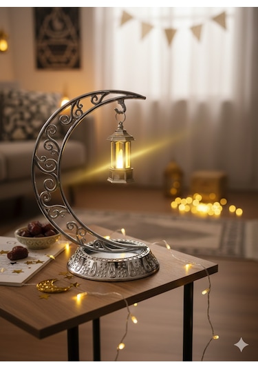Dekoratif 28 Cm Hilal Parlak Gümüş Ramazan Led Lamba 10 Cm Kancalı Set Diğer