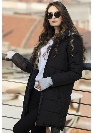 Kışlık Kapüşonlu Orta Boy Kadın Şişme Mont Co805syh Siyah