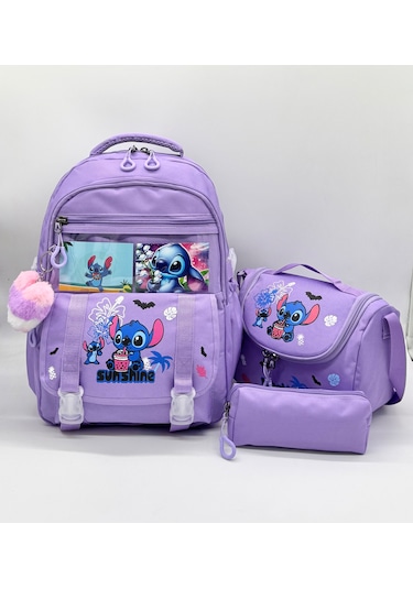 Stitch Desen Aksesuarlı Kore Tarzı Termal Beslenmeli Ve Kalemlikli Kız Çocuk Okul Sırt Çantası Seti Lila