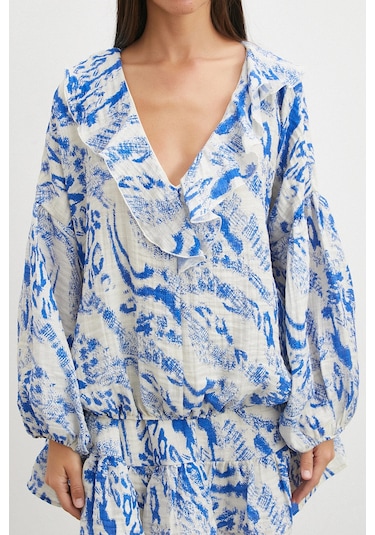 Uterpe Balon Kollu Fırfırlı Desenli Crop Bluz Mavi