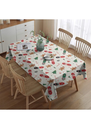 Noel Desenli Dikdörtgen Masa Örtüsü 60x84 İnç, Su Geçirmez Ve Leke Tutmaz Noel Kaykay Zencefil Ekmek