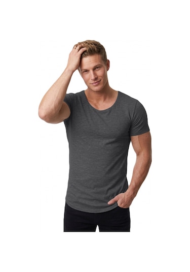 Deepsea Erkek Antrasit Slim Fit %90 Pamuk Açık Yaka Oval Kesim Likralı Basic Tişört 1801199