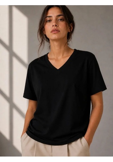 Hazego V Yaka Basic Tişört Kısa Kol Yazlık Regular Fit T-shirt - Siyah