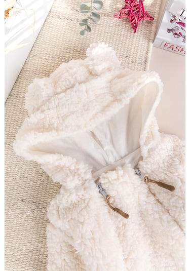 Kapüşonlu Ayıcık Fiğürlü Welsoft Peluş Kışlık Kız/erkek Bebek Tulum Krem