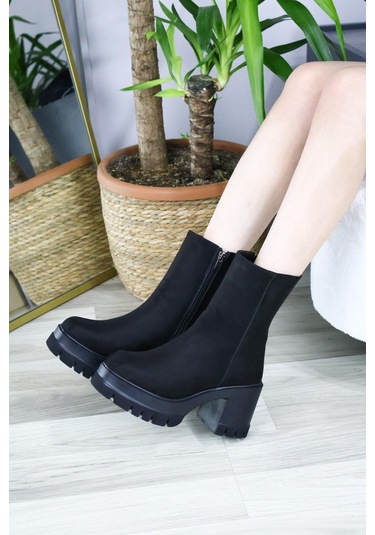 Asmi Shoes Kadın Leysi 8 Cm Platformlu Topuklu Fermuarlı Bot Siyah Süet Siyah