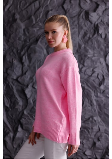 Bisiklet Yaka Oversize Basic Triko Kazak Pembe