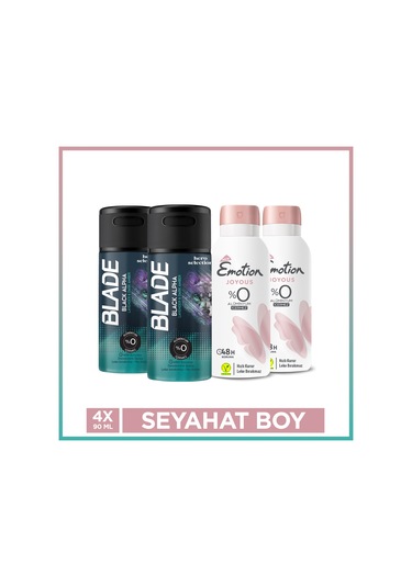 Emotion Joyous Kadın Deodorant & Blade Black Alpha Erkek Deodorant 4x90 Ml Seyahat Seti