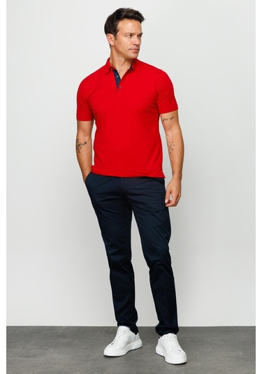 Erkek Polo Yaka Düğmeli Cepli T-shirt Kırmızı Kirmizi