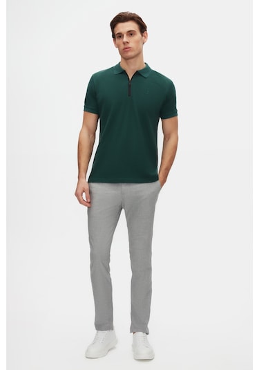 Twn Slim Fit Haki Pike Dokulu Yarım Fermuarlı Polo Yaka T-shirt 4ec14ortfrplo Haki