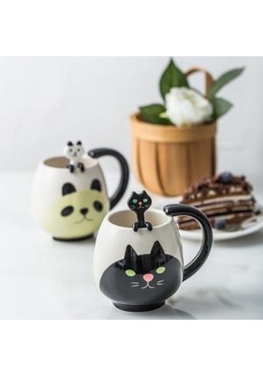 El Boyalı Kahve Fincanı Güzel Panda Seramik Kupa Çay Fincanı Inda Çay Kaşığı Kupalar Siyah A