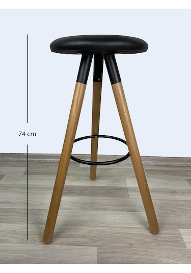 Banco Bar Sandalyesi, Bar Taburesi 74cm Ahşap Ayak Siyah Deri Oturak Çok Renkli