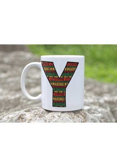 Y Harfi Etnik Desenli Kupa - Afrika Tarzı Kahve Çay Kupası - Hediyelik - Black History Beyaz
