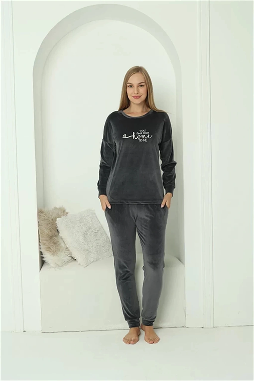 Moda Kadın Kadife Füme Pijama Takım Füme