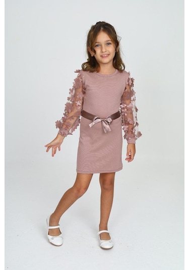 Belden Bağlamalı Tül Detaylı Çocuk Elbise Mykids Collection Pudra