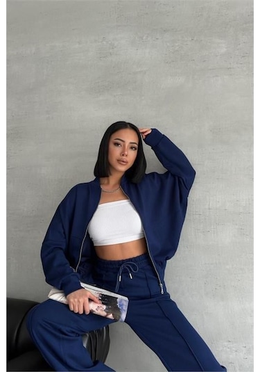 Dip Moda Kadın Oversize Likralı Eşofman Takımı Dpnbg001 Lacivert