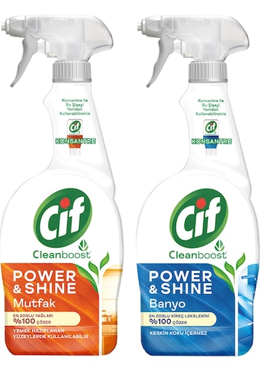 Cif Sprey Temizleyici Power Shine Sprey Banyo 750 ML + Cif Sprey Mutfak 750 ML