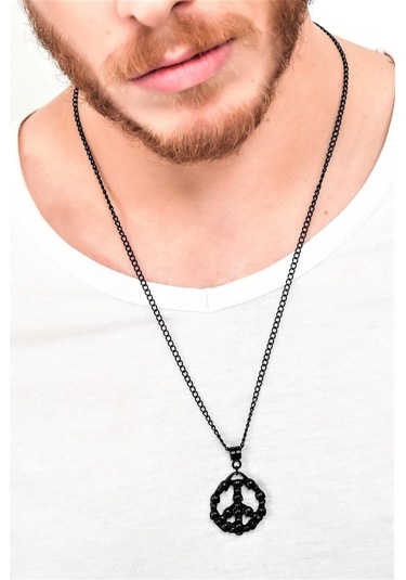 Erkek Siyah Oksit Kaplama Kurukafa Baskılı Barış Simge Uçlu Kolye Siyah