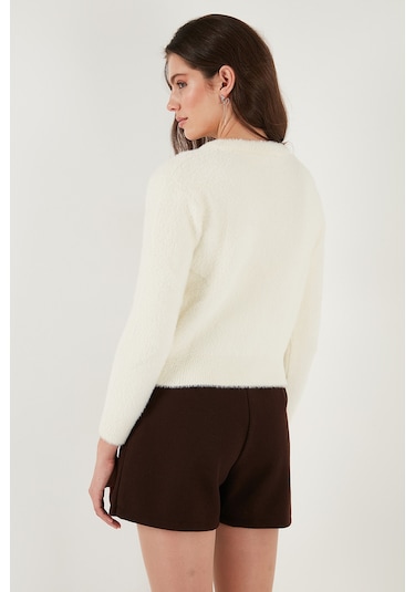 Lela Fitted Fit Bisiklet Yaka Yumuşak Dokulu Crop Bayan Hırka 4615559 Ekru