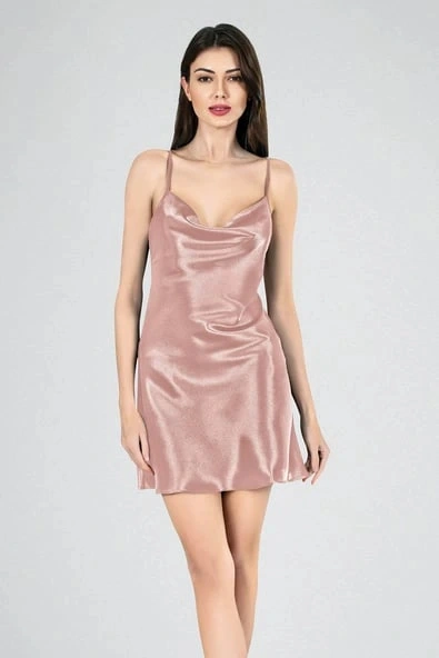 Ahu Kadın İp Askılı Degaje Yaka Kısa Gecelik Vizon Vizyon