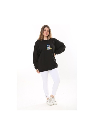 Kadın Büyük Beden Siyah Pamuk Kumaş Nakışlı Sweatshirt 65n37617-siyah Siyah
