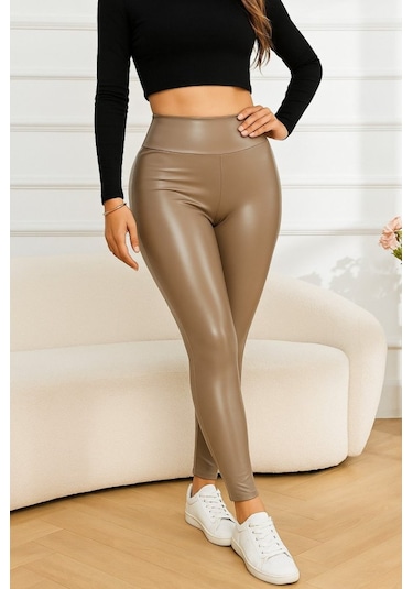 Kadın Yüksek Bel Deri Tayt Sütlü Kahve