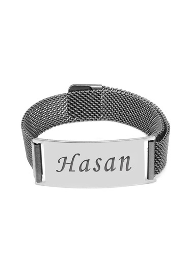 Kişiye Özel İsim Yazılı Magnet Kapamalı Silver Renk Çelik Erkek Hasır Bileklik