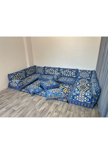 Coton Şark Köşesi Yörük Desenli Lüks Minder Takımı Konsept Mavi 18 Parça Mavi